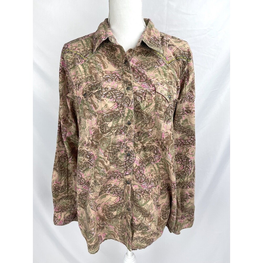 Rock‎ 47 Wrangler Women XL Long Sleeve Snap Brown Pink Snake Camo Embroidery